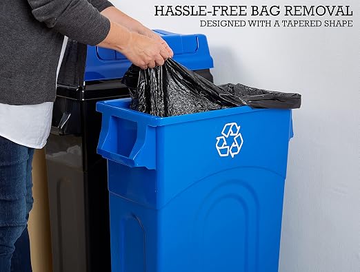 United Solutions 23 Gallon Highboy Plastic Recycling Bin Kitchen Trash Can with Lid, Pass Through Handles, and Dustpan Edge, Blue