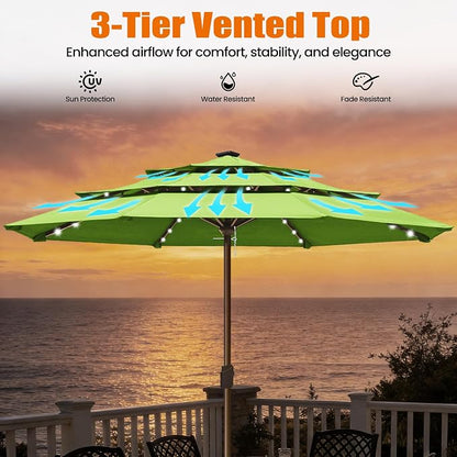 EliteShade USA 10-Year-Non-Fading 10ft 3-Tier Market Patio Umbrella, Commercial Table Umbrella with 80 Solar LED Lights, Crank Open, Windproof & UPF 50+ UV Protection for Garden, Deck, Pool, Backyard, No Tilt, Macaw Green