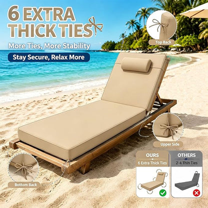 Chaise Lounge Cushion for Outdoor Furniture, Waterproof, Fade-Resistant and Tear Resistant, Patio Lounger Pads with Removable Cover for Pool, Deck, Lawn, 80x26x4 inch, Khaki
