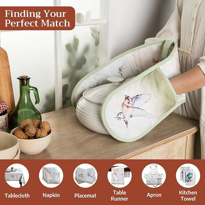 Maison d' Hermine Double Oven Mitts 100% Cotton Double Oven Glove (7"x35") | Heat Resistant BBQ Cooking Gloves with Loop Baking Grilling Kitchen Hotel Home Farmhouse Spring Summer - Flying Birds