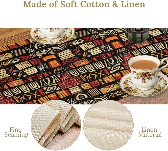 Egypt Table Runner Abstract African Art Tribal Geometric Pattern Style Background Cairo Culture, Dining Room Kitchen Rectangular Runner, 13" X 70"