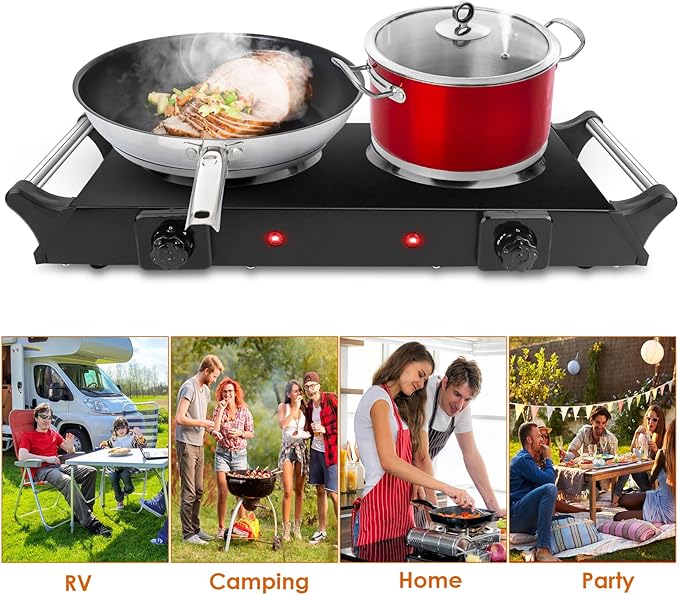 Electric Hot Plate for Cooking, 2000W Portable Cooking Stove Countertop Dual Burner Cooktop, Adjustable Temperature Control for All Cookwares Home Camp RV, Easy to Clean (Black)