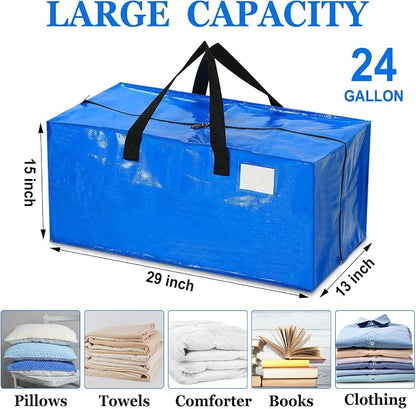 4 Pcs 24 Gallon Extra Large Moving Bags Heavy Duty Storage Bag with Strong Zipper Handle Foldable XXL Jumbo Storage Tote Packing Moving Box for College Dorm Travel Cloth Duffle (Blue)