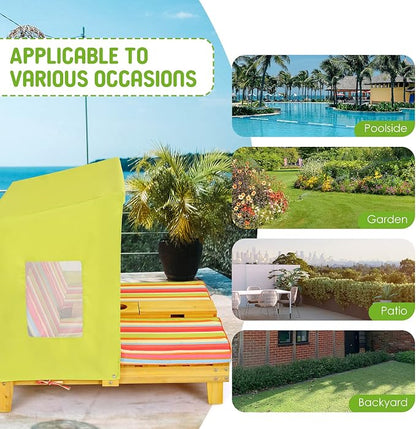 COSTWAY Kids Double Chaise Lounge Outdoor, 2-Seat Patio Lounge Chair with Cup Holders & Cushions, Kids Beach Chair with Canopy, Wood Patio Furniture for Children Boys Girls 3-8 Year Old