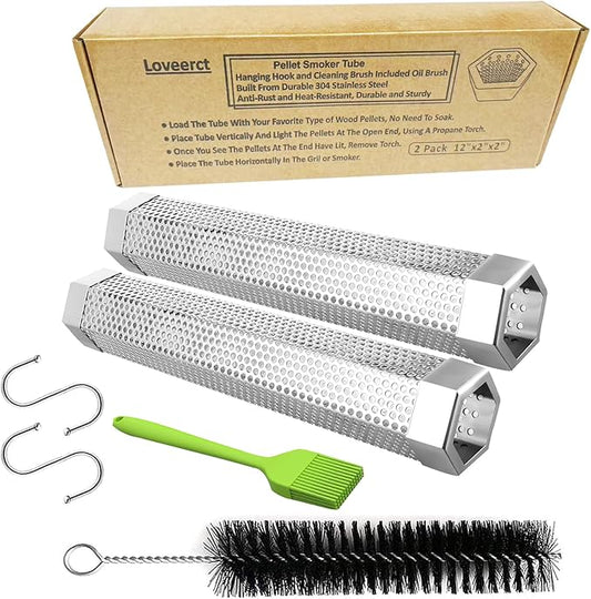 2 Pack 12" Smoker Tube, Pellet Smoker Tube Stainless Steel for BBQ Grill - 5 Hours Billowing Smoke for Hot/Cold Smoking Cheese, Meat, Fish, Hexagon Design, Includes Hooks, Basting & Cleaning Brushes