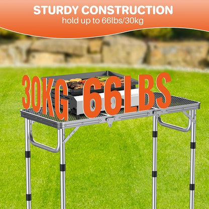 FUNYKICH 3ft Folding Grill Table for Outside 34.2''x15.7'', 3 Height Adjustable Portable Camping Table, Lightweight Metal Aluminum Outdoor Table with Carry Handle for Camping, Picnic, BBQ, Silver