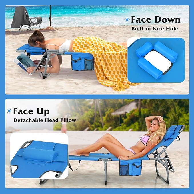 Goplus Tanning Chair, Folding Adjustable Patio Lounge Chair with Face Hole, Removable Pillow, 330LBS, Carry Strap, Outdoor Sunbathing Chair, Lightweight Portable Beach Lounge Chair (1, Navy)