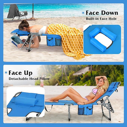 Goplus Tanning Chair, Folding Adjustable Patio Lounge Chair with Face Hole, Removable Pillow, 330LBS, Carry Strap, Outdoor Sunbathing Chair, Lightweight Portable Beach Lounge Chair (1, Navy)