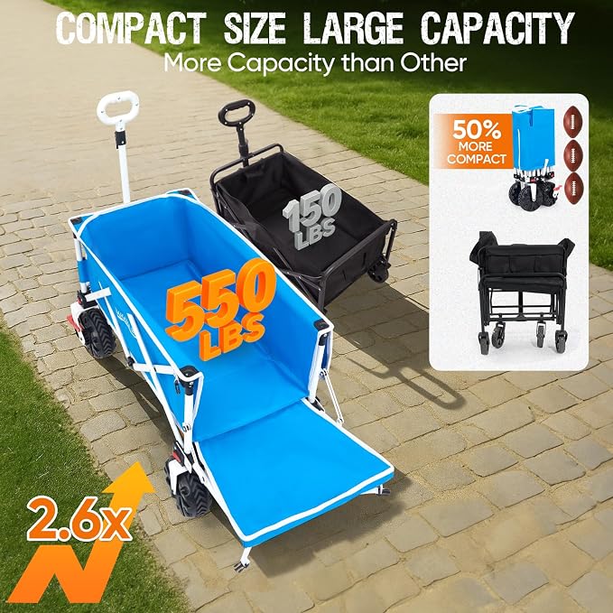 300lbs Extra Long 49" L Beach Wagon with Big Wheels with Brake for Sand, Collapsible Utility Beach Cart Heavy Duty Folding Wagon,Ideal for Outdoor Sand Camping Garden Pet