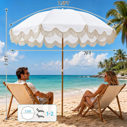7.5FT Boho Patio Umberlla with Fringe,UPF50+ Outdoor Umbrella with Fiberglass Ribs and Push Button Tilt,Tassels Umbrella for Beach,Terrace,Picnic