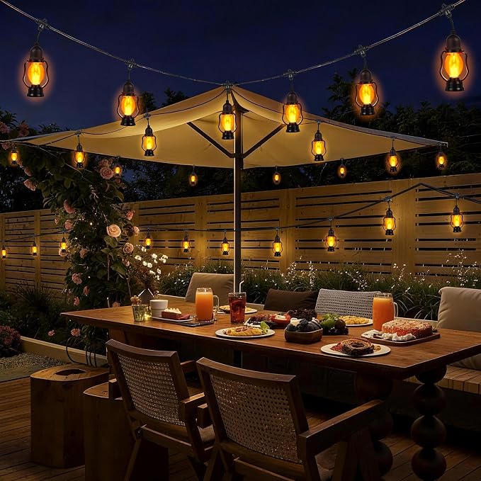 Solar Flame String Lights Outdoor, 29FT Solar Halloween Light with 15 Bulbs | Flickering Flame, Waterproof Solar Powered Outdoor Lights for Yard Patio Bistro Porch Garden Home Halloween Decorations