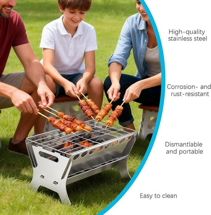 Portable Charcoal Grill, 17" All-Stainless Steel Detachable BBQ Grill, Small Charcoal Stove with Perforated Bottom Vents & Ash Tray, Disassembled Camping Grill