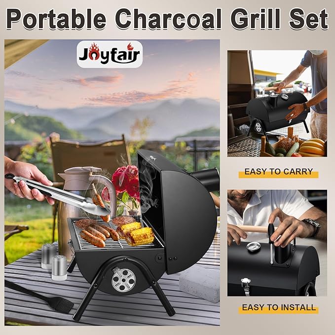Joyfair Portable Charcoal Grill Set & Charcoal Chimney Starter, Small Tabletop Barbecue Grill with Accessories Tools for Outdoor Camping BBQ Grilling Backyard Party Cooking, Heavy Duty