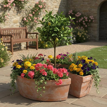 1 Set Patio Umbrella Planter Rustic 2 Pcs Half Round Planter 12" Cement Planters Half Circle Flower Pot for Patio Table Garden Home Plant Outdoor(Brown,Country Style)