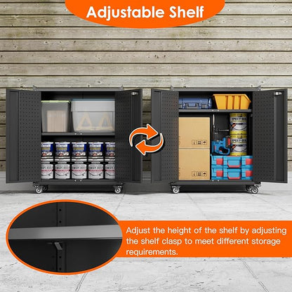 Aobabo 31.5" H Metal Storage Cabinet with Wheels and 2 Pegboards, Lockable Rolling Tool Storage Cabinet with 1 Adjustable Shelves for Garage,Assembly Required,Black