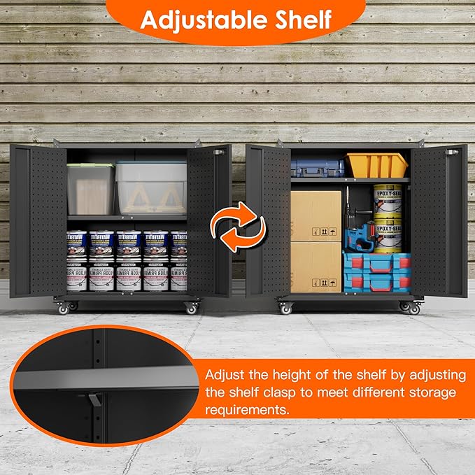 Garage Storage Cabinet with Wheels & Pegboard, 31.5" H Locking Metal Tool Storage Cabinet with Doors and Shelf & 4 Hooks for Garage, Home, Workshops, Assembly Required, Black