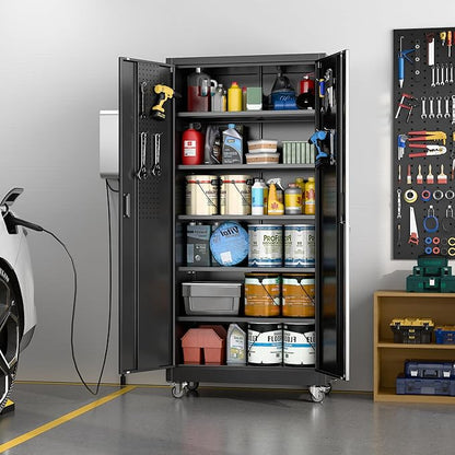 Aobabo Upgrade 71H''*32''W*16''D Metal Garage Storage Cabinet with Wheels and Pegboards, 5 Adjustable Shelves Steel Storage Cabinets for Garage,Warehouse, Black, Assembly Required