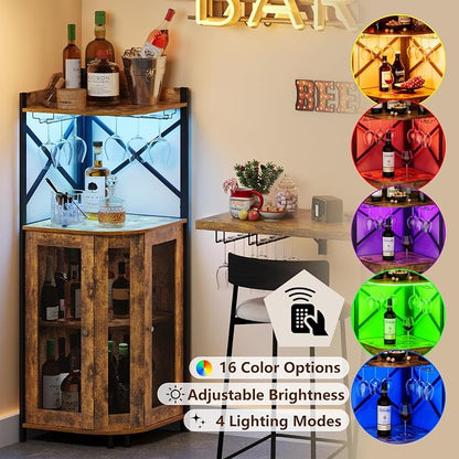 JKsmart Corner Bar Cabinet with LED Lights,Industrial Wine Cabinet with Glass Holder,4-Tier Wine Cabinet with Door and Shelf,Farmhouse Home Bar for Liquor Wine Coffee Storage,Rustic Brown