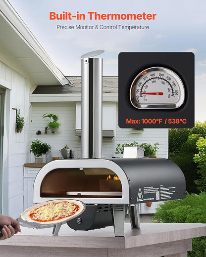 VEVOR Wood-Fired Pizza Oven Outdoor, 12" Auto Rotate Pizza Ovens, Portable Pellet Pizza Maker with Thermometer & Electric Rotating System, Pizza Stone, Carry Bag & Shovel for Backyard, Patio, Camping