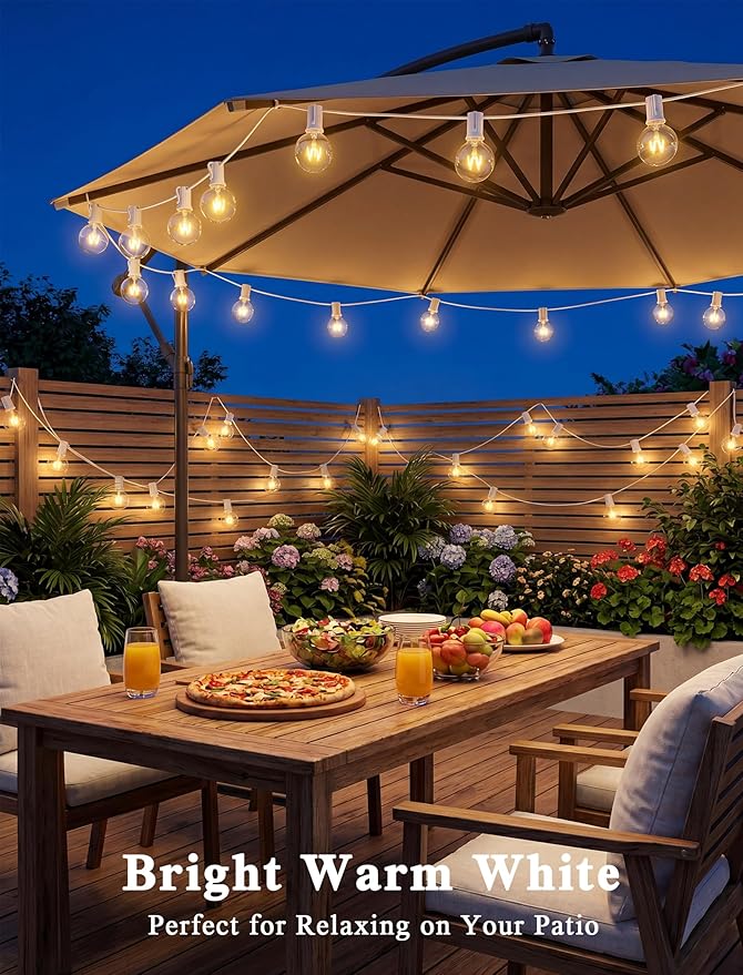 Abeja Outdoor String Light G40-100Ft with 105 Edison Glass Bulbs, 5W, E12 Socket Base, UL Listed Waterproof for Patio Lights Bars Party Decor, White