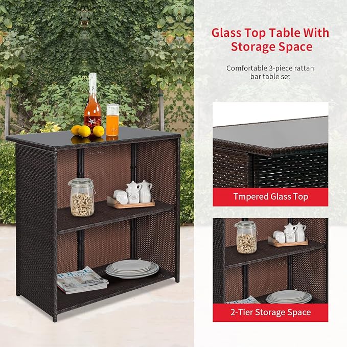Outdoor Furniture Set Wicker Bistro Set 3PCS Patio Bar Set with Two Stools for Patio Backyard Balcony,Red Cushion
