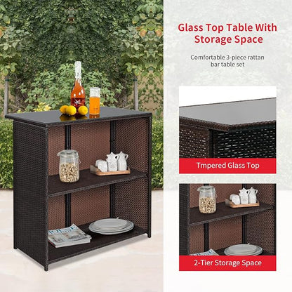 Outdoor Furniture Set Wicker Bistro Set 3PCS Patio Bar Set with Two Stools for Patio Backyard Balcony,Red Cushion
