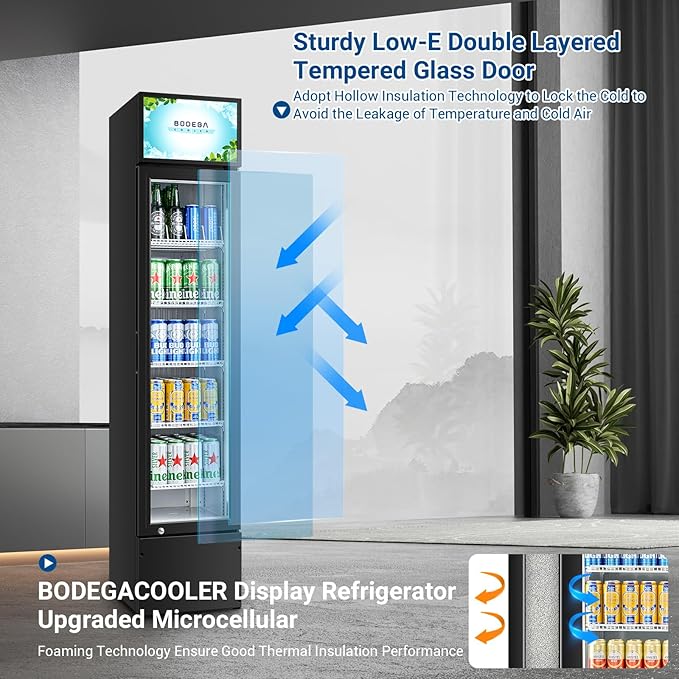 BODEGACOOLER Commercial Merchandiser Refrigerator, 5.7 Cu.Ft Single Swing Glass Door Beverage Cooler, Upright Display Refrigerator with Soft LED Light, Adjustable Shelves, Black