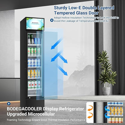 BODEGACOOLER Commercial Merchandiser Refrigerator, 5.7 Cu.Ft Single Swing Glass Door Beverage Cooler, Upright Display Refrigerator with Soft LED Light, Adjustable Shelves, Black