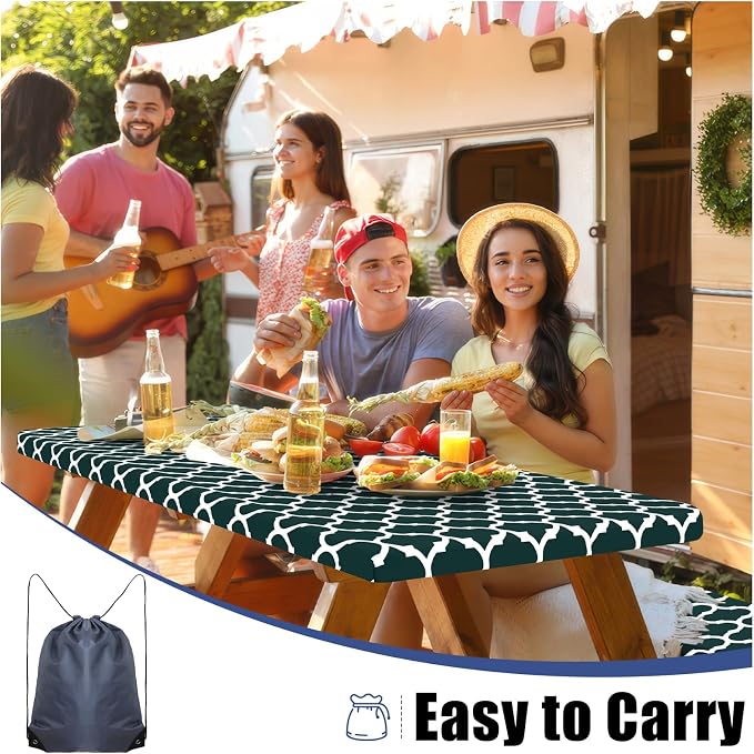 Smiry Picnic Table Cover with Bench Covers, Waterproof Elastic Fitted Tablecloth for 6 Foot Tables, Washable Polyester Tablecloths for Camping, Indoor & Outdoor (Hunter Green, 30x72 Inch 3-pc Set)