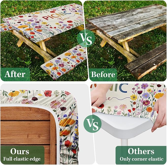 Picnic Table Cover with Bench Covers, Wildflower Boho, 72 Inch | 3PCS Camper fitted waterproof outdoor camping tablecloth essentials with elastic edges and drawstring bag