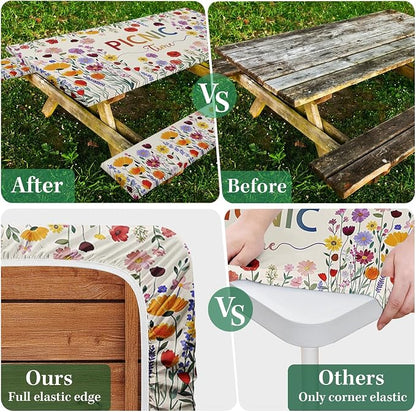 Picnic Table Cover with Bench Covers, Wildflower Boho, 72 Inch | 3PCS Camper fitted waterproof outdoor camping tablecloth essentials with elastic edges and drawstring bag