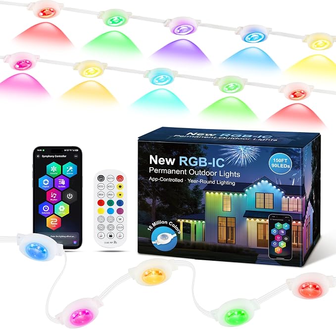 Permanent Outdoor Lights for House,150FT RGB+IC Smart Lights | 90 LEDs,App/Remote Control,IP67 Waterproof,DIY Color-Changing String Lights For Eaves,Xmas,Halloween And Party Decor