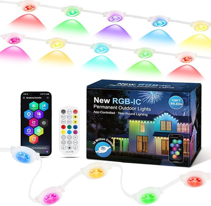 Permanent Outdoor Lights for House,150FT RGB+IC Smart Lights | 90 LEDs,App/Remote Control,IP67 Waterproof,DIY Color-Changing String Lights For Eaves,Xmas,Halloween And Party Decor