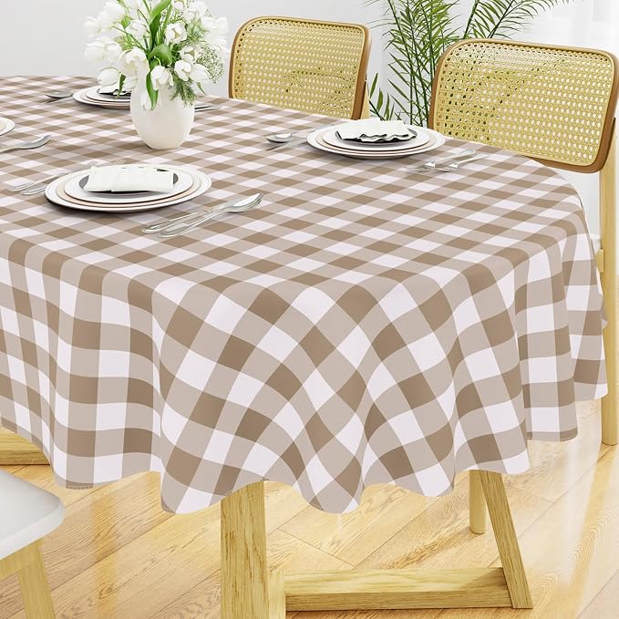Smiry Oval Table Cloth, Vinyl Tablecloths with Flannel Backing, 60"x102" | Waterproof Picnic Table Cloth, Wipeable Buffalo Plaid Table Cover for Indoor and Outdoor (Khaki & White)