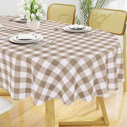 Smiry Oval Table Cloth, Vinyl Tablecloths with Flannel Backing, 60"x102" | Waterproof Picnic Table Cloth, Wipeable Buffalo Plaid Table Cover for Indoor and Outdoor (Khaki & White)
