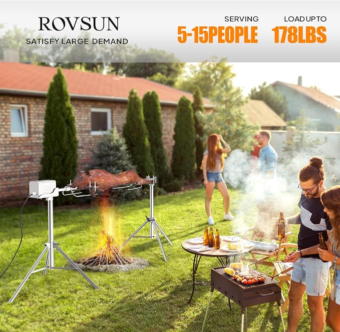 Electric Rotisserie Grill Kit, 46" Pig Lamb Spit Roaster Stand Rotisserie w/Adjustable Height,Asador de Puerco, Charcoal Spit Rod Stainless Steel for Party Barbecue, 176 Lbs Capacity