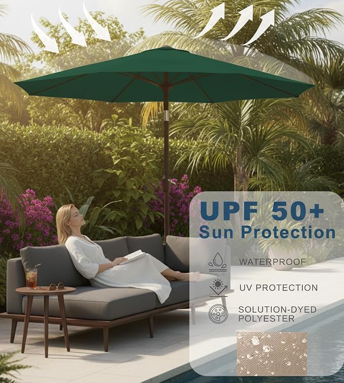 9FT Auto-Tilt Patio Umbrella|Outdoor Market Table Umbrella with 8 Fiberglass Ribs for Pool,Deck&Backyard