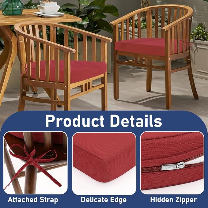 Topotdor Outdoor Chair Cushions Set of 2, 19"x19"x3" Waterproof Patio Chair Cushions for Outdoor Furniture, Round Corner Outdoor Seat Cushions Color Fastness Chair Pads with Ties, Bright Red