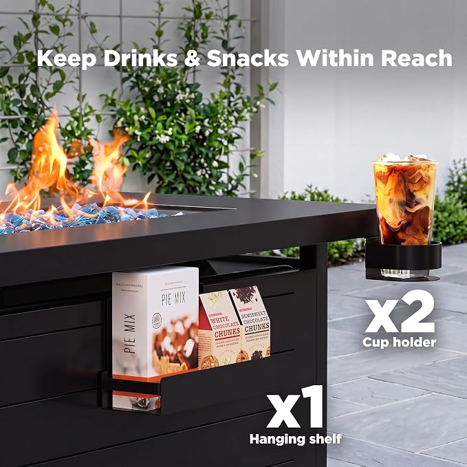 Ciays 43″ Gas Fire Pit with Glass Beads & Lid, Cup Holders, Hanging Shelf