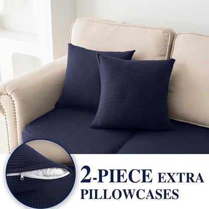 LA MEACK Couch Cushion Covers for Sectional Sofa L Shape Washable Separate Seat Chaise Couch Cover Stretch Sofa Slipcovers with 2 Pcs Pillowcases(3 Seater + 1 Chaise, Navy)