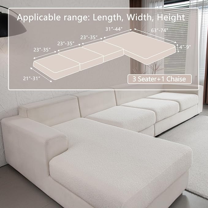 OHSIO Couch Cushion Covers for Sectional Sofa, Stretch Soft Sofa Slipcovers Washable Wear-Resistant Universal Furniture Protector for Living Room(3 Seaters Covers+1 Chaise Cover, Ivory)