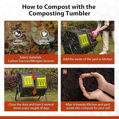 Compost Bin Outdoor, 2 Separate Tumbling Chambers, 37Gal Lagre Compost Tumbler with Sliding Door and Aeration System, 360° Rotating, Tumbling Composter Bin for Kitchen, Garden, Yard, Black Yellow