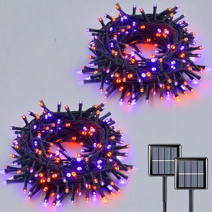 QITONG Solar Halloween String Lights, 2 Pack Each 33ft 100 LED Orange and Purple Led Lights Outdoor Waterproof, 8 Modes Christmas Solar Twinkle Lights for Patio Porch Decor