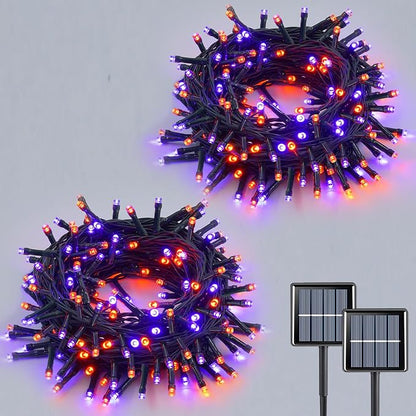 QITONG Solar Halloween String Lights, 2 Pack Each 33ft 100 LED Orange and Purple Led Lights Outdoor Waterproof, 8 Modes Christmas Solar Twinkle Lights for Patio Porch Decor