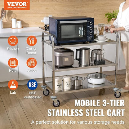 VEVOR Extra Large Utility Cart, 3 Tier Rolling Cart with Adjustable Shelf, Stainless Steel Kitchen Serving Cart with Swivel Casters Brake Wheels, Metal Food Storage Service Trolley, 37"L x 20"D x 37"H