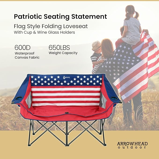 ARROWHEAD OUTDOOR 2-Pack Portable Folding Camp Loveseat Chair w/Glass & Cup Holders, Heavy Duty Carry Bag, 650 lbs Weight Capacity | Glass & Cup Holders, Heavy Duty Carry Bag, 650 lbs Weight Capacity, Beach, Tailgating, Fishing, Patio, Hunting, Backyar...