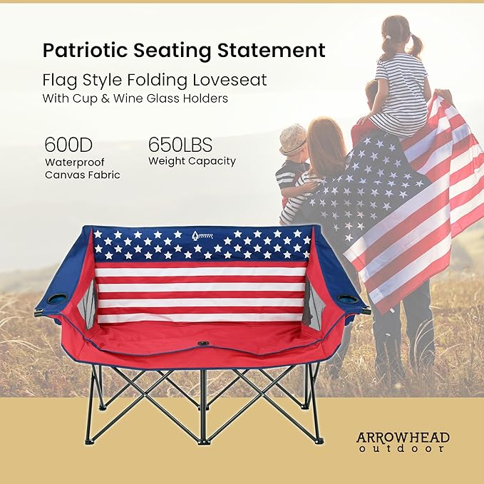ARROWHEAD OUTDOOR Portable Folding Double Duo Camping Chair Loveseat | 2 Cup and Wine Glass Holder, Carrying Bag, Supports up to 500lbs, Beach, Tailgating, Fishing, Patio, Hunting, Backyard