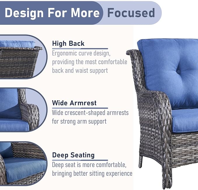 Outdoor Loveseat Sofa-2 Seater Rattan Wicker Patio Couch High Back Patio Sofa for Porch Deck Backyard-Grey/Blue