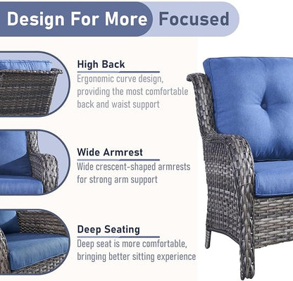 Outdoor Loveseat Sofa - 3 Piece Patio Furniture with Ottoman Deep Seating Patio Couch for Porch Deck Garden Backyard - Grey/Blue