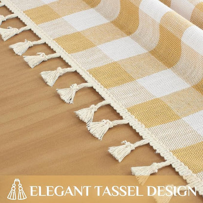 Softalker Checkered Tablecloth Rectangle, Outdoor Linen Cotton Gingham Table Cloth with Tassel, Heavy Duty Wrinkle Free Buffalo Plaid Table Cover for Kitchen Dining Summer Party - 55 x 70 Inch, Yellow